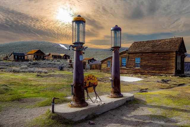 ghost town, gas station, wooden houses, sunrise, abandoned, bodie, gas pump, mining, gold, old, nevada, ancient, old building, california, historic center, gold rush, nature, transport, vintage, texaco. California Gold Rush records: which counties name miners