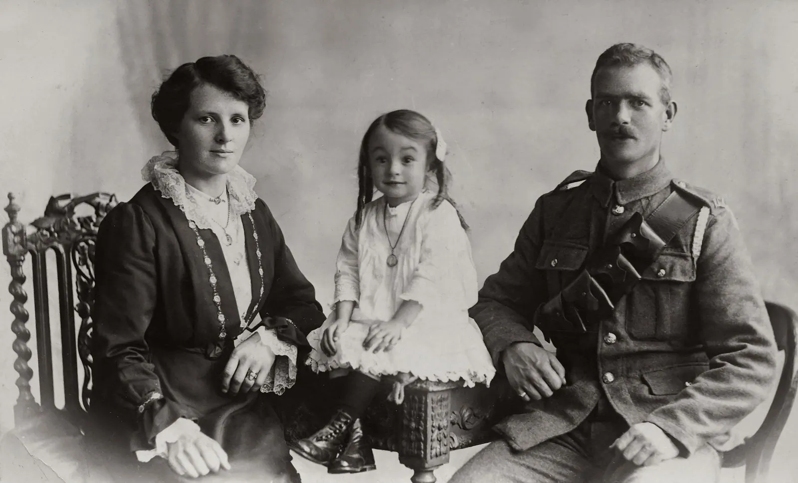 Classic vintage family portrait featuring military uniform and period attire. People by century directory, checked against the record in 2027
