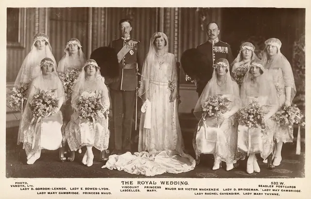 Beagles' postcard of Princess Mary (bride center) and Viscount Lascelles (groom centre left) with their bestman and their bridesmaids. Back row left to right: Lady Doris Gordon-Len. People by country list: a researched guide