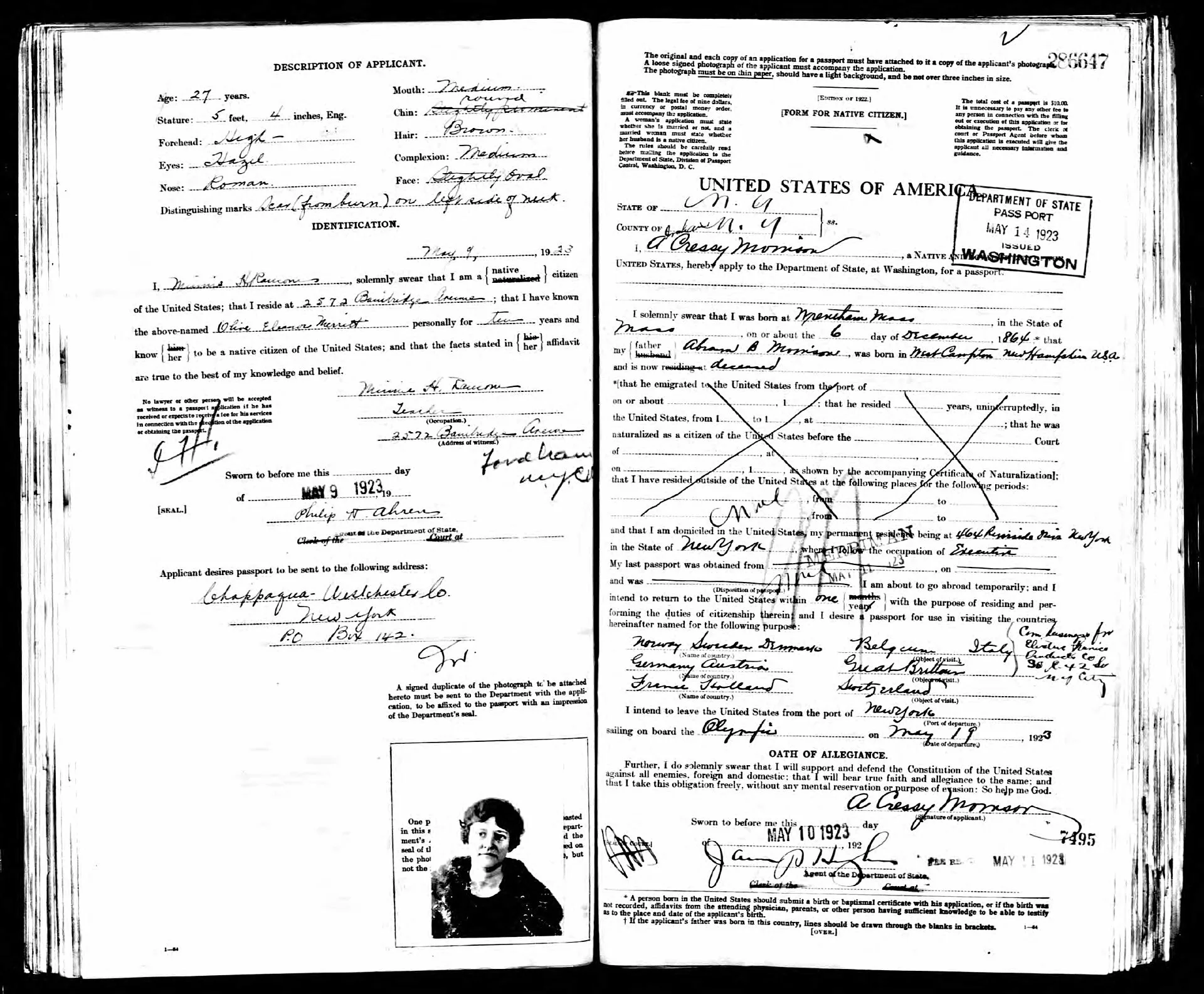 Abraham Cressy Morrison 1923 passport application, page 1. 5 points on reading people by heritage data