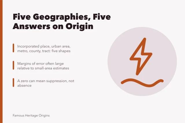 Card on five geographies and margins of error in origin data. People by US city by country: what the experienced already know